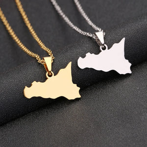 Sicily Map Pendant Necklace Silver Stainless Steel Italian Sicilia Jewelry