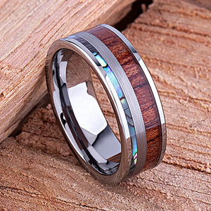 8mm Titanium Steel Wood & Abalone Shell Ring Vintage Wedding Band