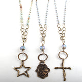 8mm Stone & Glass Crystal Long Chain Metal Cross Pendant Necklaces For Women