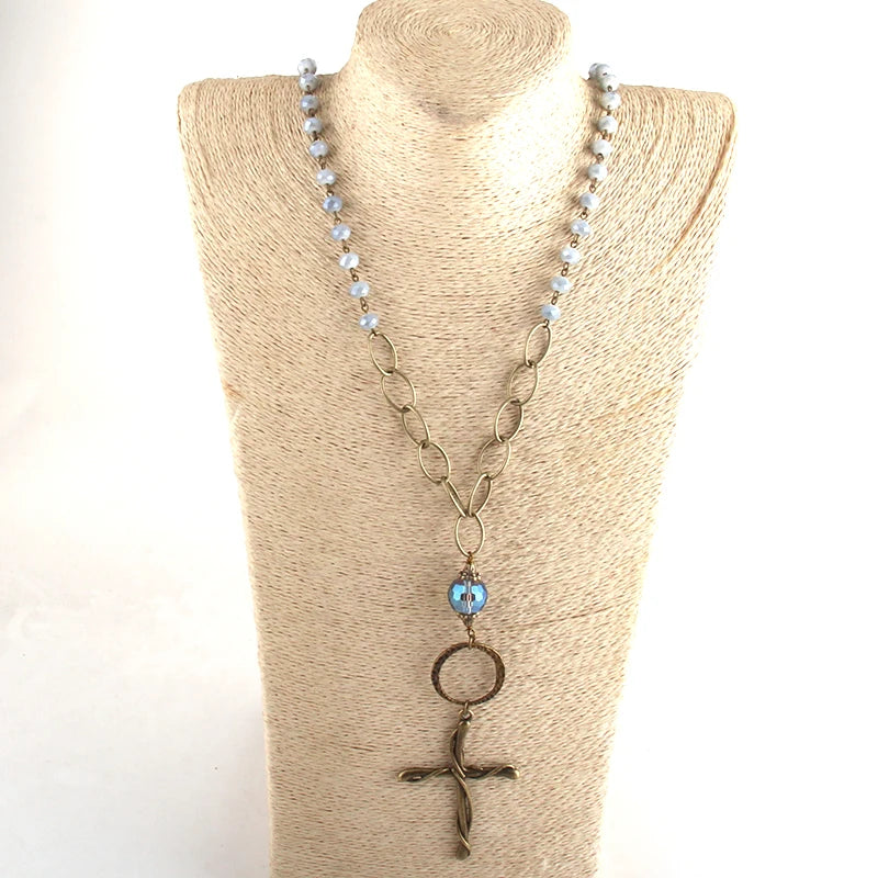 8mm Stone & Glass Crystal Long Chain Metal Cross Pendant Necklaces For Women