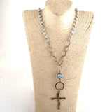 8mm Stone & Glass Crystal Long Chain Metal Cross Pendant Necklaces For Women