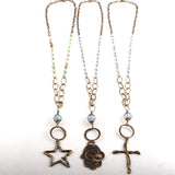 8mm Stone & Glass Crystal Long Chain Metal Cross Pendant Necklaces For Women