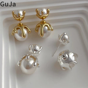 925 Silver Needle Pearl Earrings for Women Front and Back Stud Ear Accessory