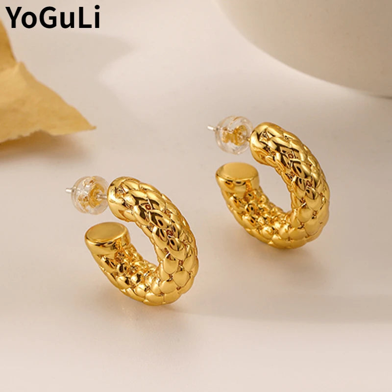 925 Silver Texture Metal Hoop Earrings for Women