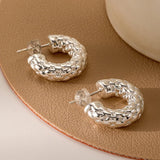 925 Silver Texture Metal Hoop Earrings for Women