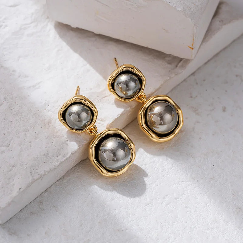 Vintage Gray Bead Dangle Earrings 925 Silver Needle For Women Wedding