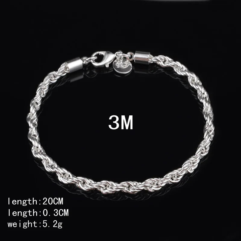 925 Sterling Silver Twist Bracelet 3MM4MM Woman & Men Jewelry