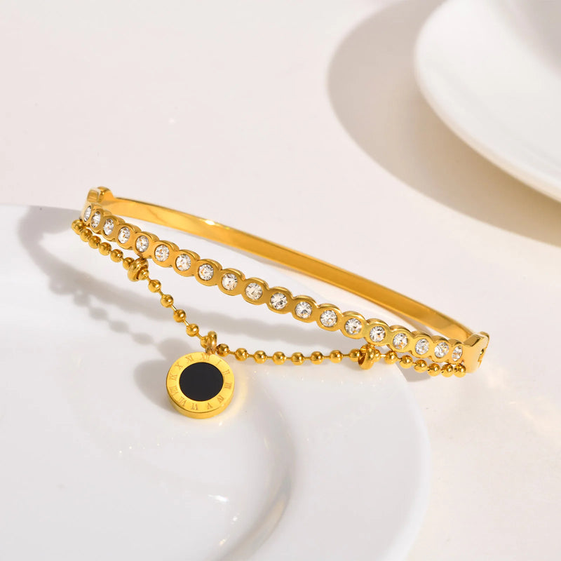 Agate CZ Stone Bracelet for Women, Roman Numeral Double Layer Bracelets