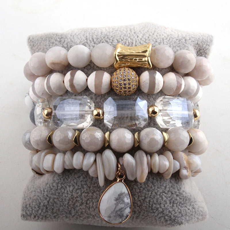 Beige Stone & Pearl Bracelet Set