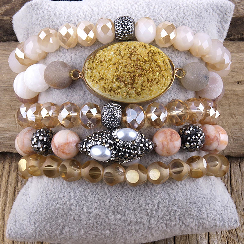 Orange Druzy Stone Bracelet Set Glass Crystal Pave