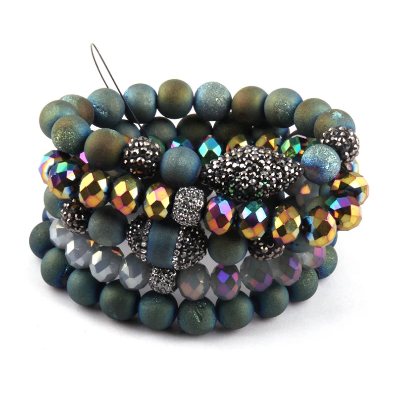 Druzy Bead Women Bracelet Set Natural Stone & Glass Crystal Pave Bracelets