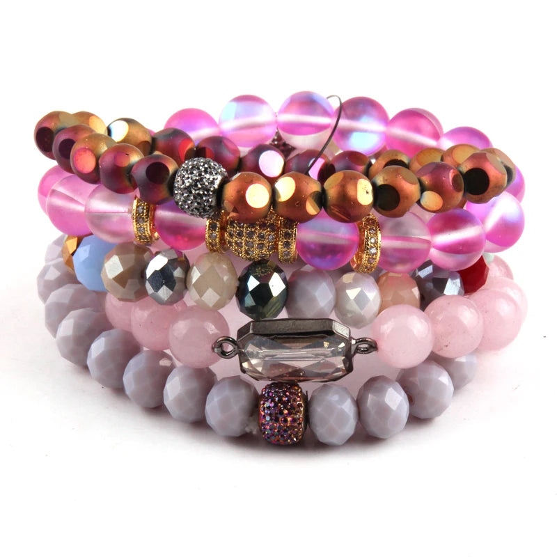Pink Women Bracelet Set Natural Stone Glass Crystal Pave Bracelets