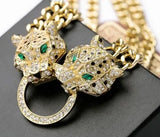 Crystal Setting Chokers Necklace Double Layer Chain Leopard Head