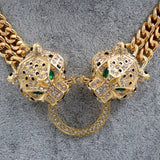 Crystal Setting Chokers Necklace Double Layer Chain Leopard Head