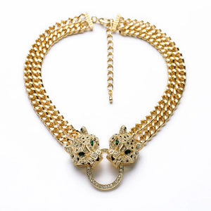 Crystal Setting Chokers Necklace Double Layer Chain Leopard Head