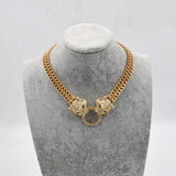 Crystal Setting Chokers Necklace Double Layer Chain Leopard Head
