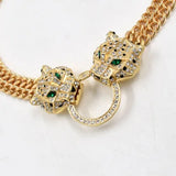 Crystal Setting Chokers Necklace Double Layer Chain Leopard Head