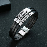 Personalized Leather Bracelet Men Engraved Name Date Charm Bangle