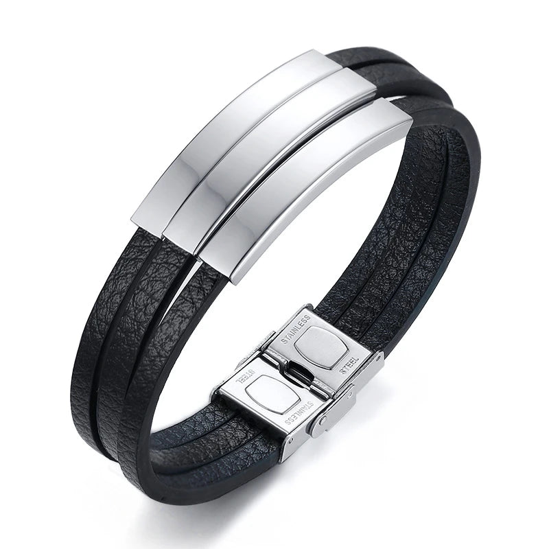 Personalized Leather Bracelet Men Engraved Name Date Charm Bangle