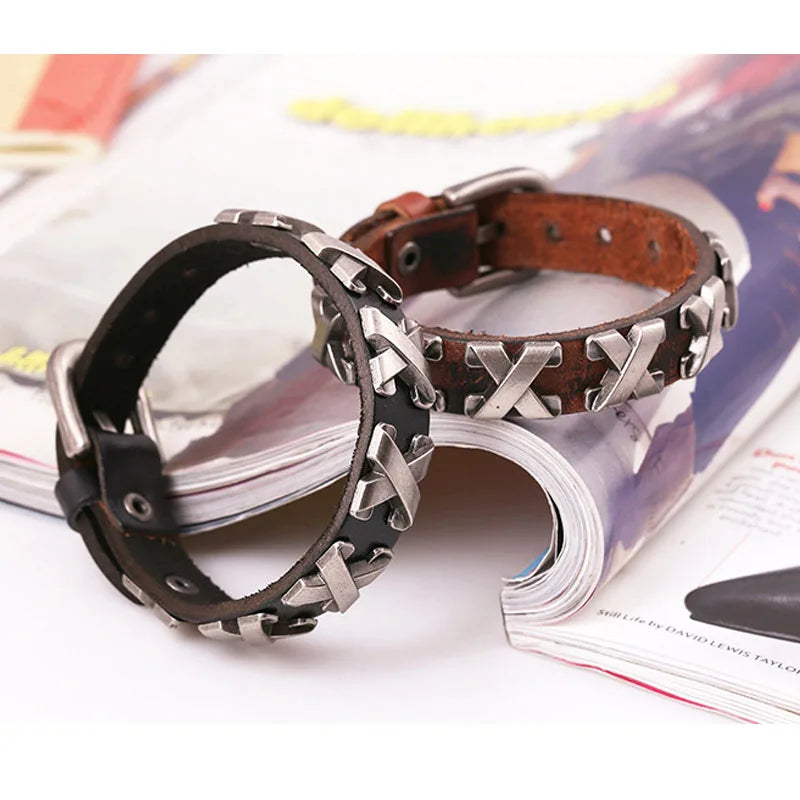 Men's Rivet Leather Bracelet Vintage Punk Biker Bangle