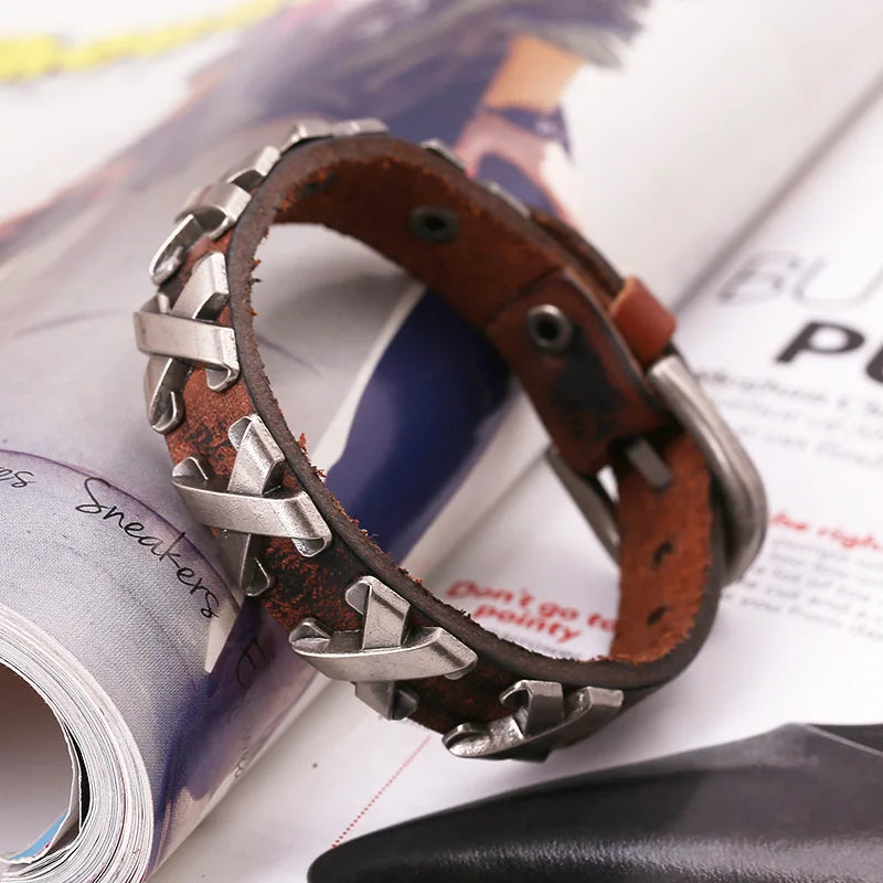 Men's Rivet Leather Bracelet Vintage Punk Biker Bangle