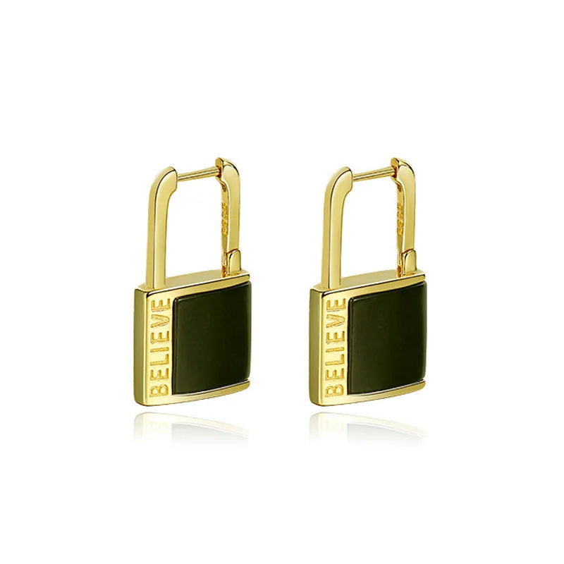 Lock Shape Letters Drop Earrings Agate Malachite 925 Silver