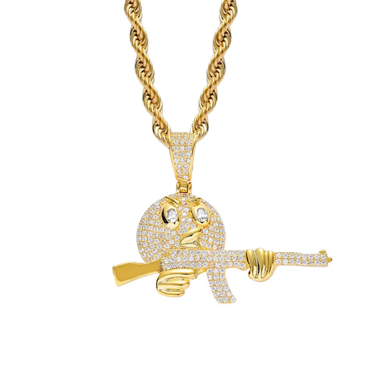 Men's Charm Chain Ice Out Cubic Zircon Cartoon Emoticon Pendant Necklace