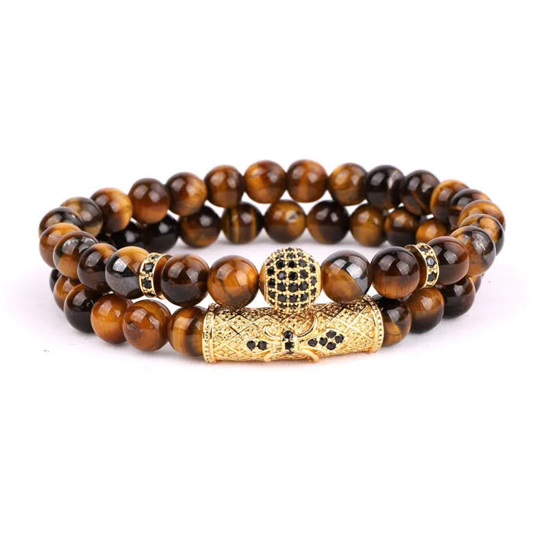Tiger Eye CZ Ball Beaded Bracelet Men