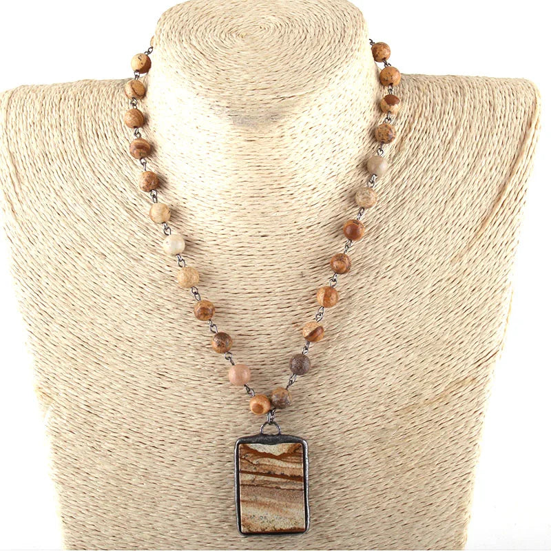 Natural Stone Rosary Chain Stone Pendant Choker Necklace