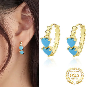 925 Silver Heart Turquoise Hoop Earrings Women