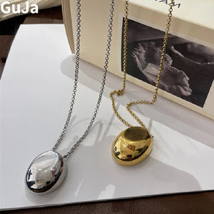 One Layer Chain Smooth Oval Metal Pendant Necklace For Women Girl Gift