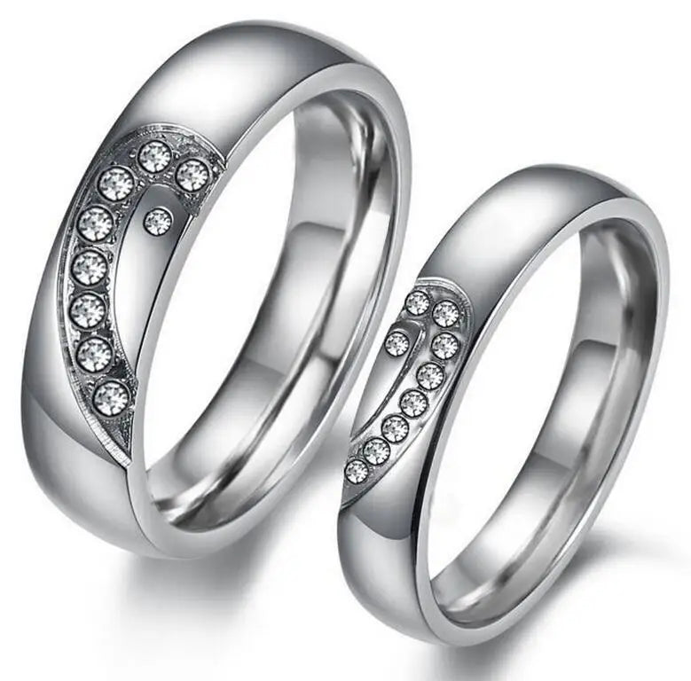 Crystal Stainless Steel Couple Rings Love Wedding Rings Set For Women Men