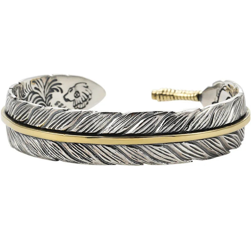 Vintage Silver Feather Cuff Bracelet for Men Women