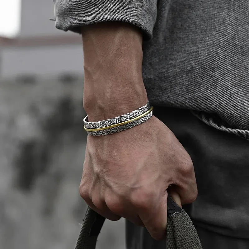 Vintage Silver Feather Cuff Bracelet for Men Women