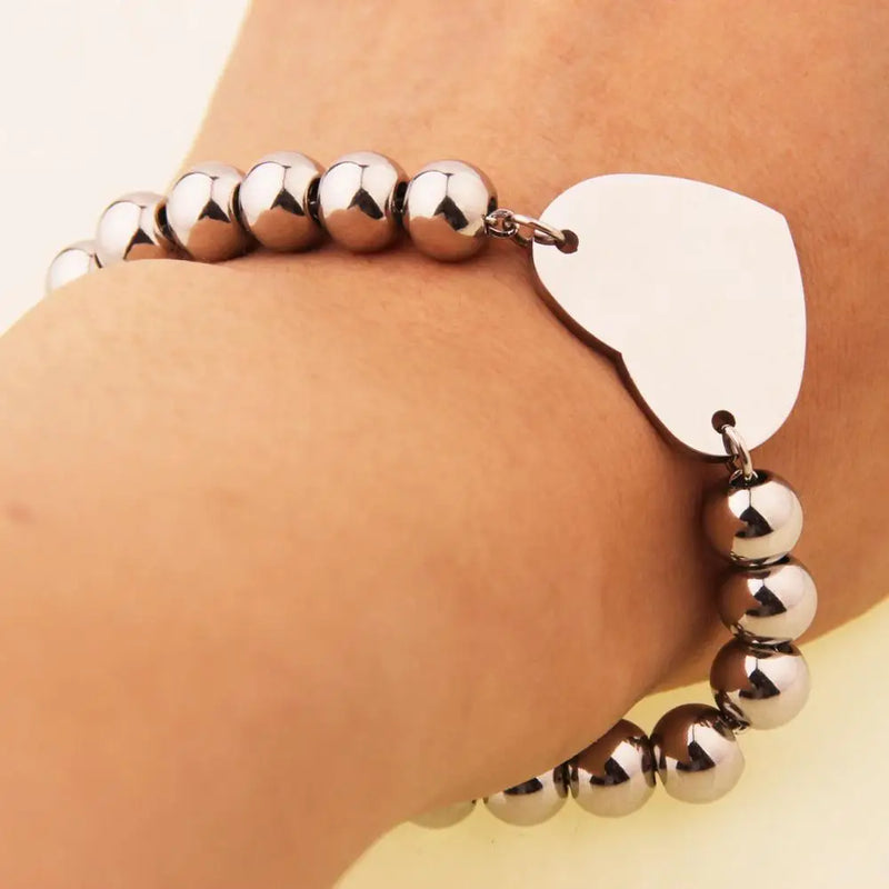 Stainless Steel Heart Charm Bracelet Silver Beads Bangle
