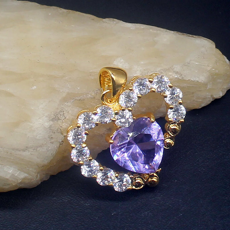 Heart Amethyst CZ Pendant Necklace for Women Girls