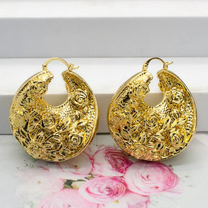 Golden Floral Hoop Earrings High Copper Drop Earrings Bridal Gift