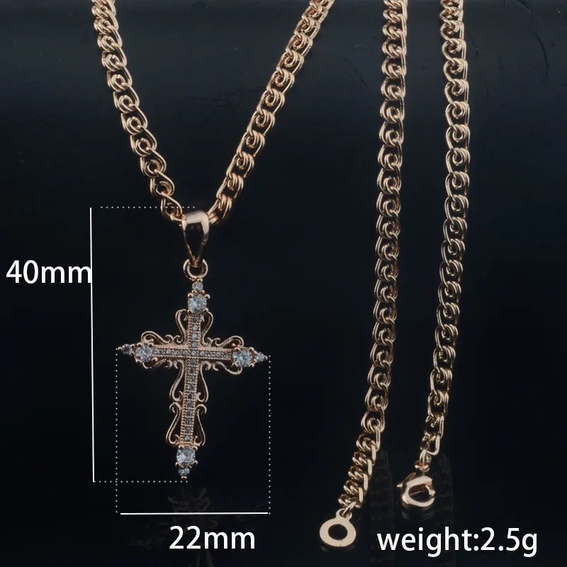 585 Rose CZ Cross Pendant With Chains