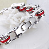 316L Stainless Steel Bike Motor Chain Red CZ Bracelet Bangle