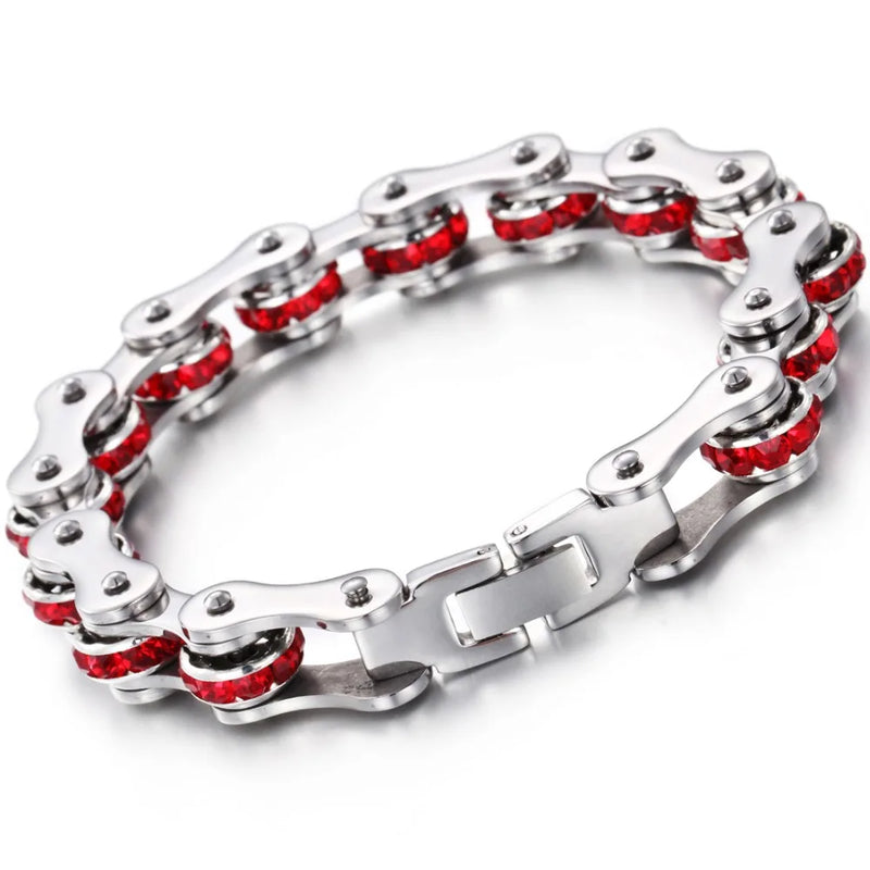 316L Stainless Steel Bike Motor Chain Red CZ Bracelet Bangle