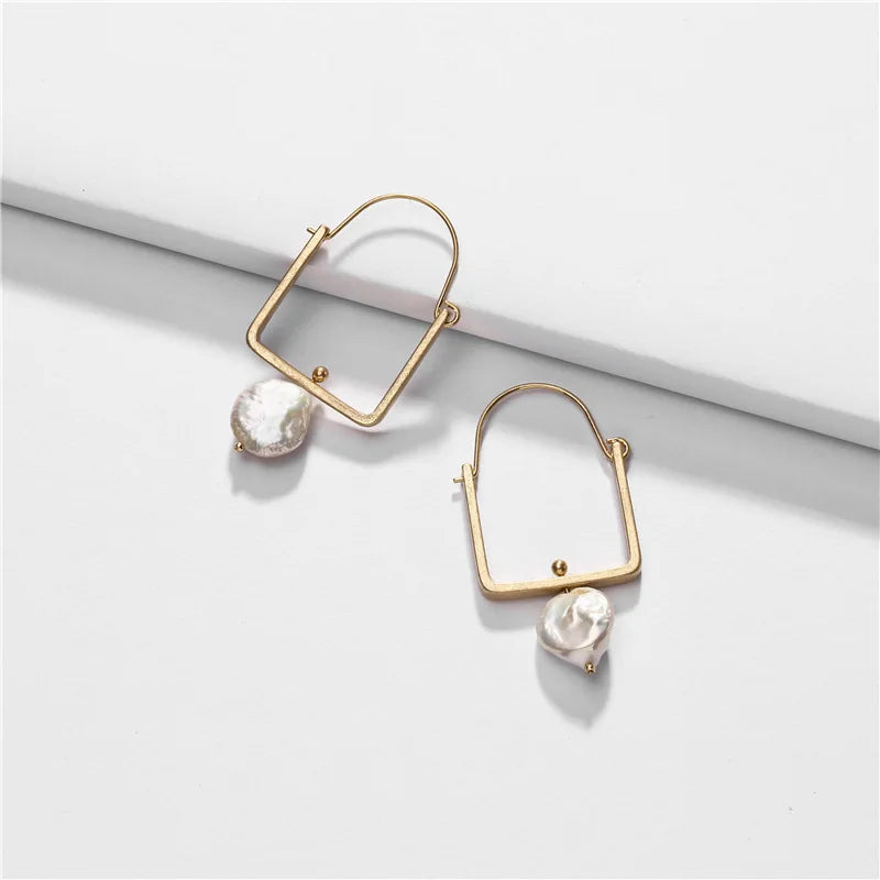 Square Hoop Earrings with Pearl Pendant