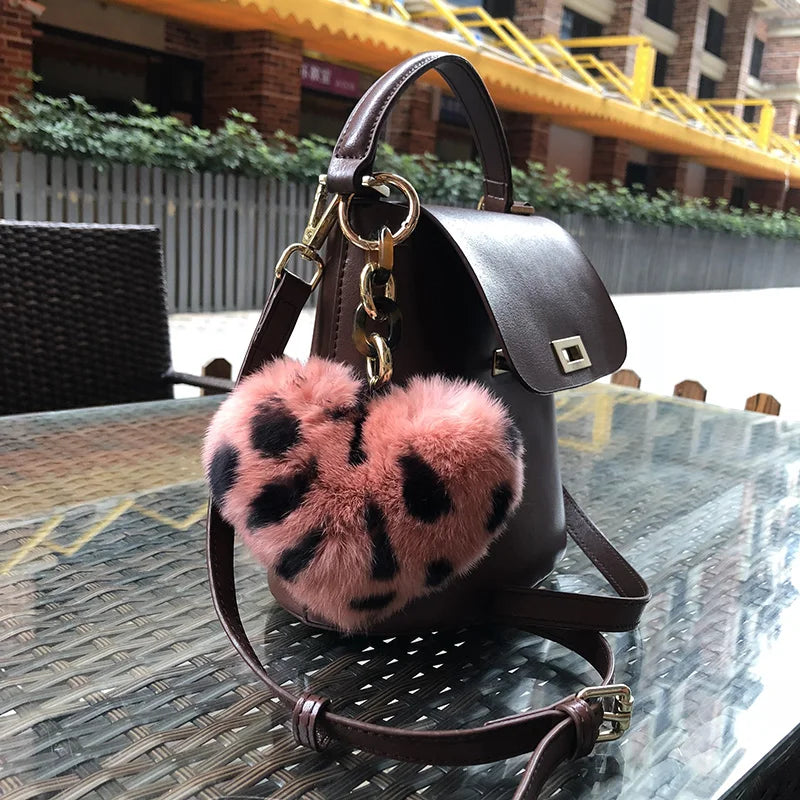 Leopard Print Rex Fur Key Chain Bag with Peach Heart Pendant