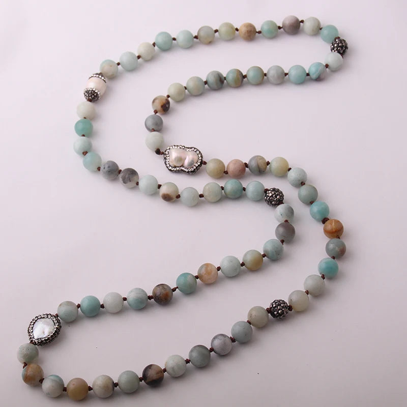 Amazonite Stone Necklace with Pearl Charm