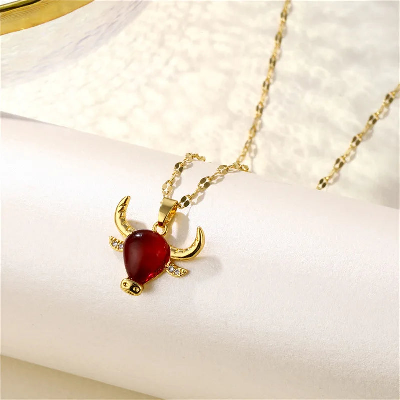 Crystal Bull Head Necklace Titanium Steel Pendant Chain