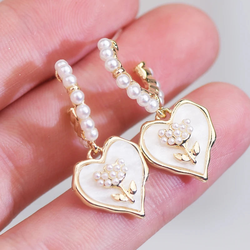 Flower Love Heart Pearl Earrings for Women
