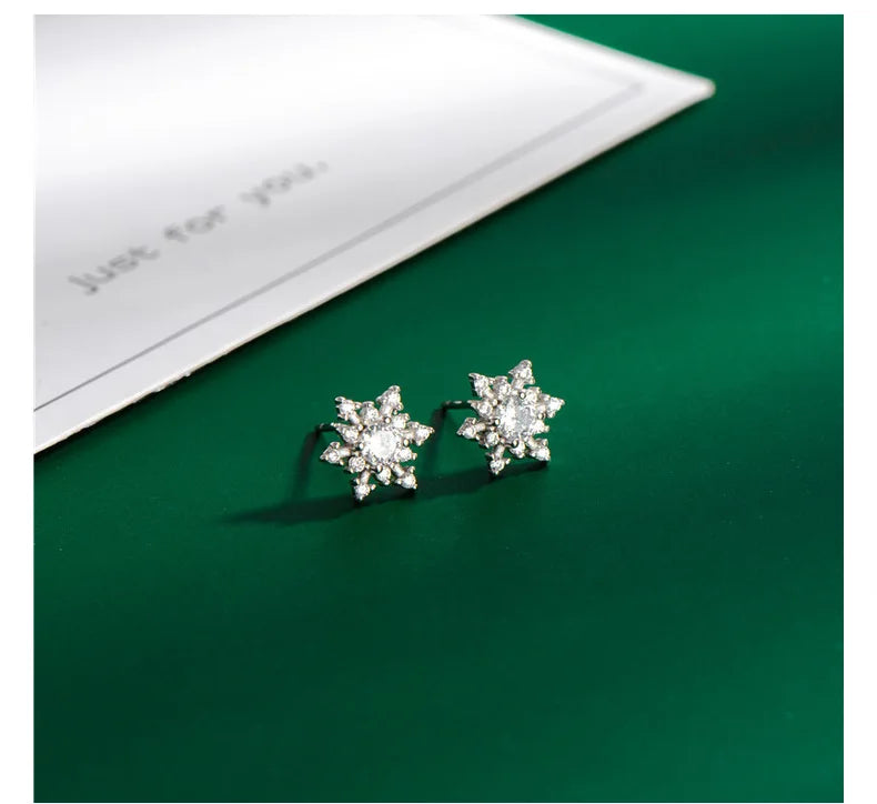 925 Silver Snowflake Stud Earrings Zircon Party Jewelry