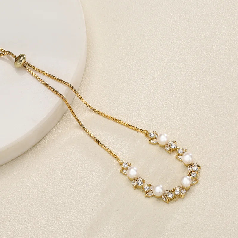 Leaf Zirconia Adjustable Bracelet Silver Pearls Wedding Jewelry