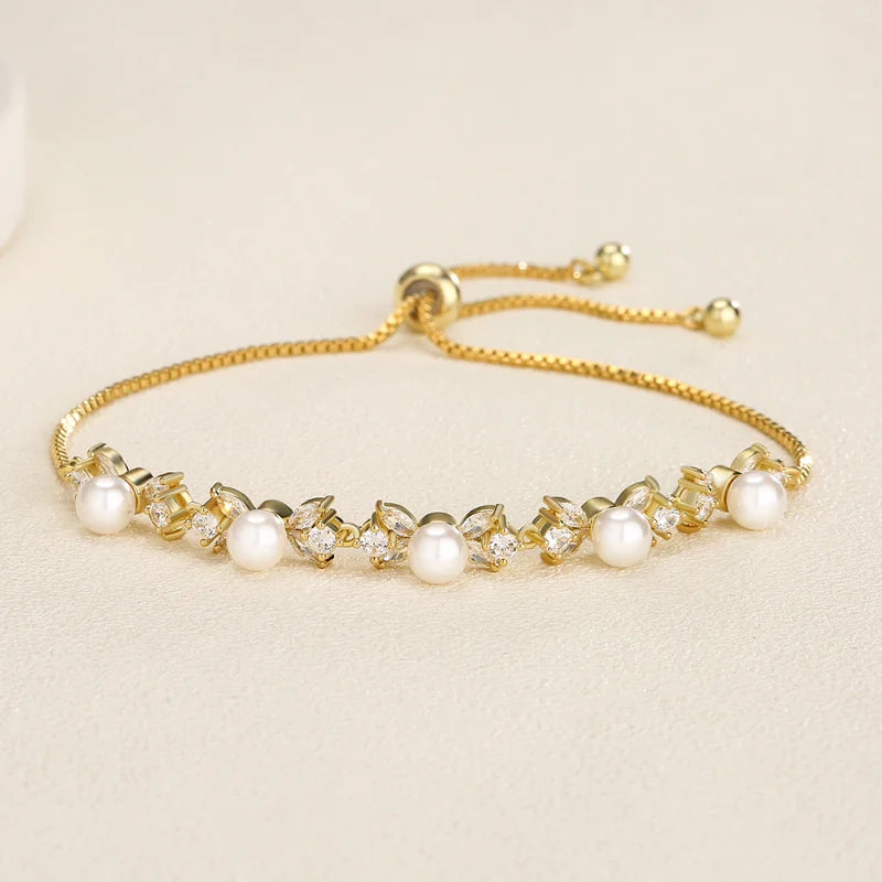 Leaf Zirconia Adjustable Bracelet Silver Pearls Wedding Jewelry
