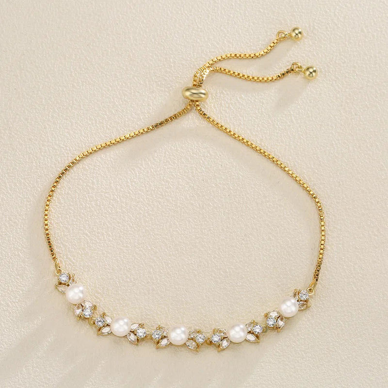 Leaf Zirconia Adjustable Bracelet Silver Pearls Wedding Jewelry