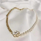 Camellia Rhinestone Pearl Chain Necklace for Women's Party Jewelry